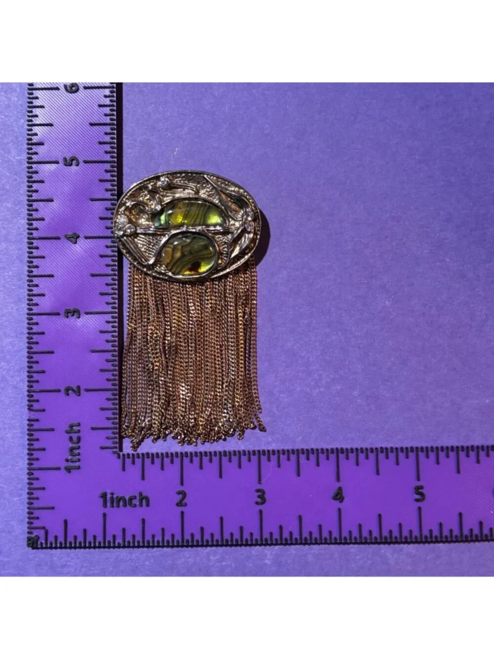 Art Nouveau Style Abalone Gold Chain Fringe Brooch Pin Statement Piece Vintage